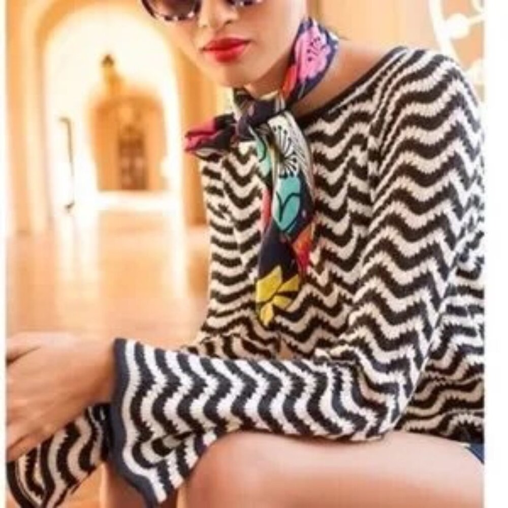 Trina Turk Black & White Chevron Pattern Knit Cotton Sweater Sz M - Picture 16 of 16